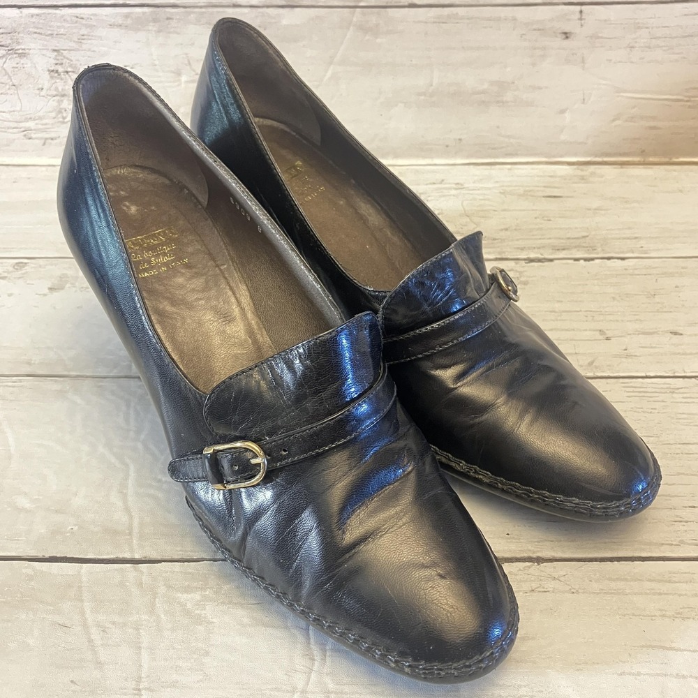 Sottana Heels‎ Womens 38 Black Leather Loafer Pumps Buckle Made in Italy Vintage